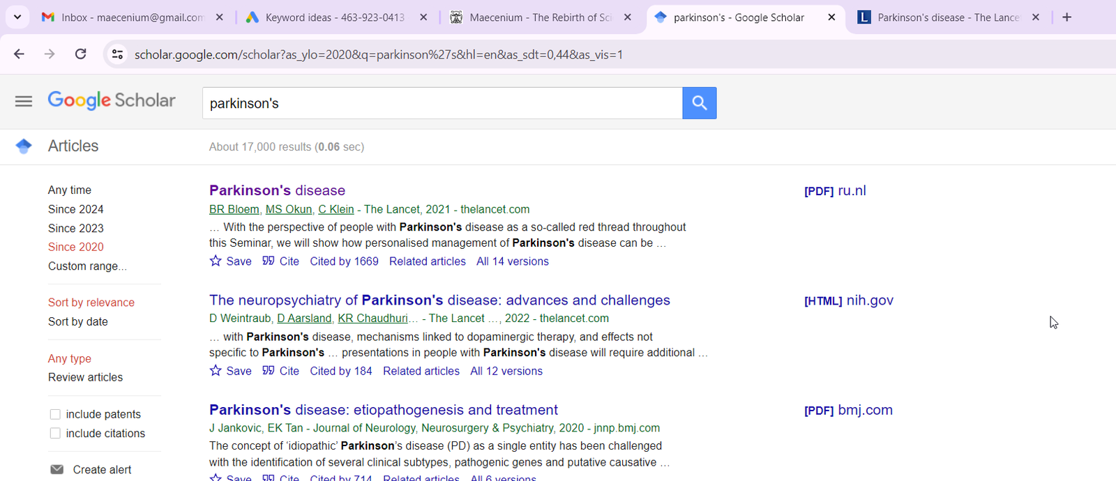 Scientific articles for Parkinson's